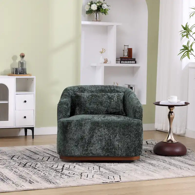 Un fauteuil de relaxation pivotant en tissu chenille, doté d'une assise confortable et d'une base robuste.