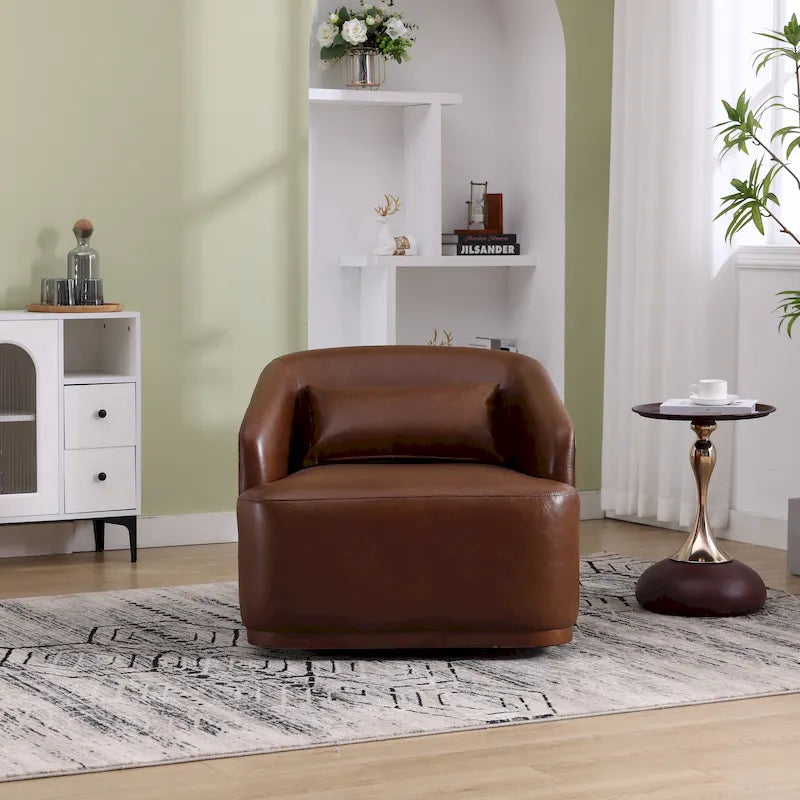 Un fauteuil de relaxation pivotant en tissu chenille, doté d'une assise confortable et d'une base robuste.