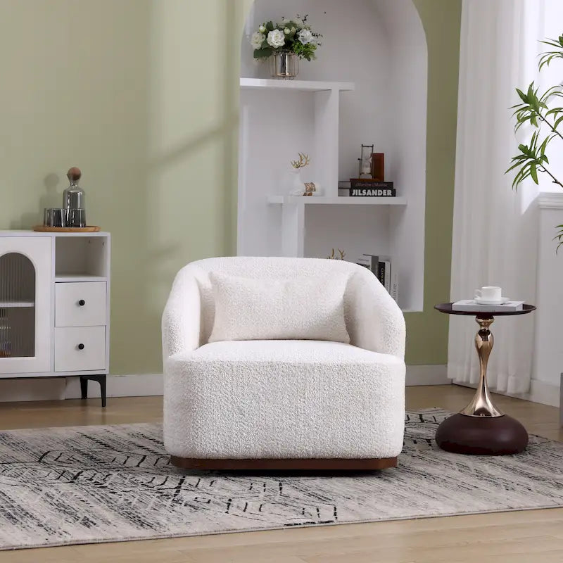 Un fauteuil de relaxation pivotant en tissu chenille, doté d'une assise confortable et d'une base robuste.
