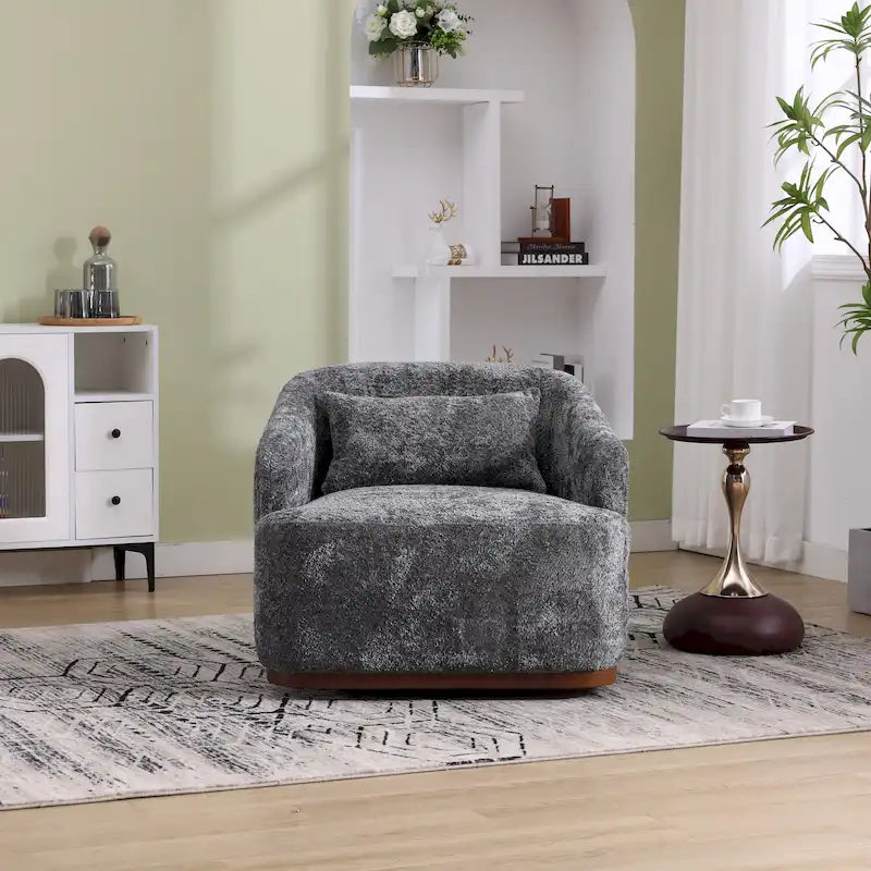 Un fauteuil de relaxation pivotant en tissu chenille, doté d'une assise confortable et d'une base robuste.