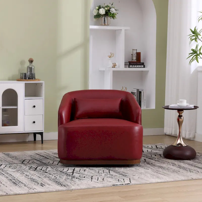 Un fauteuil de relaxation pivotant en tissu chenille, doté d'une assise confortable et d'une base robuste.