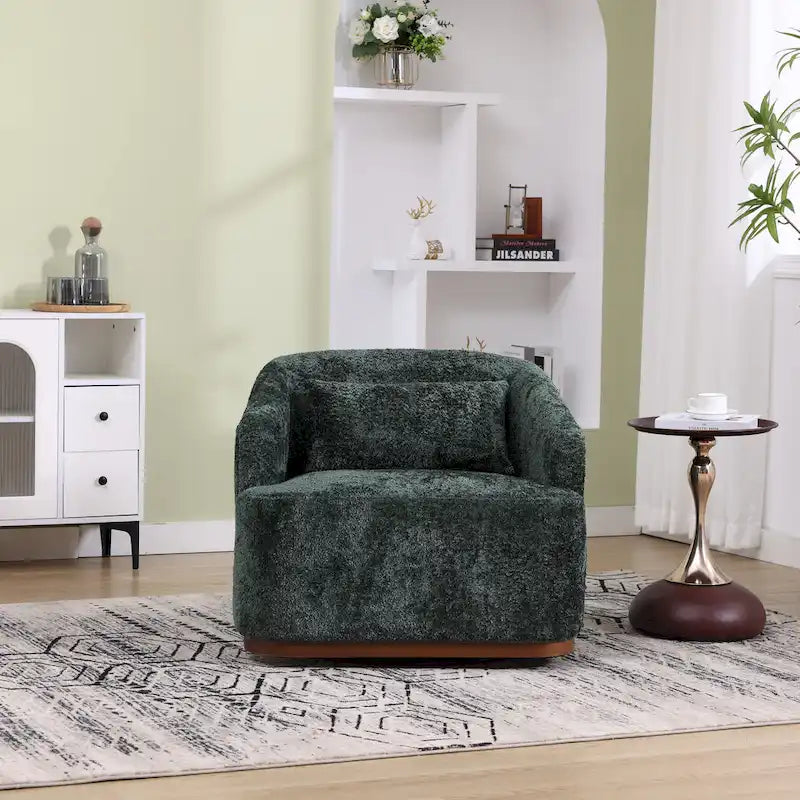 Un fauteuil de relaxation pivotant en tissu chenille, doté d'une assise confortable et d'une base robuste.