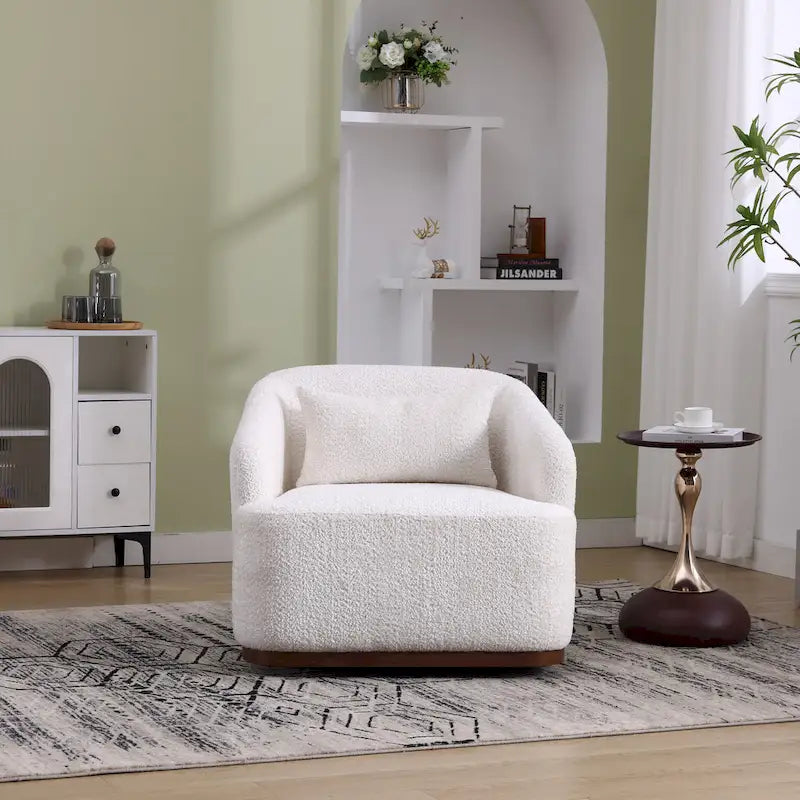 Un fauteuil de relaxation pivotant en tissu chenille, doté d'une assise confortable et d'une base robuste.