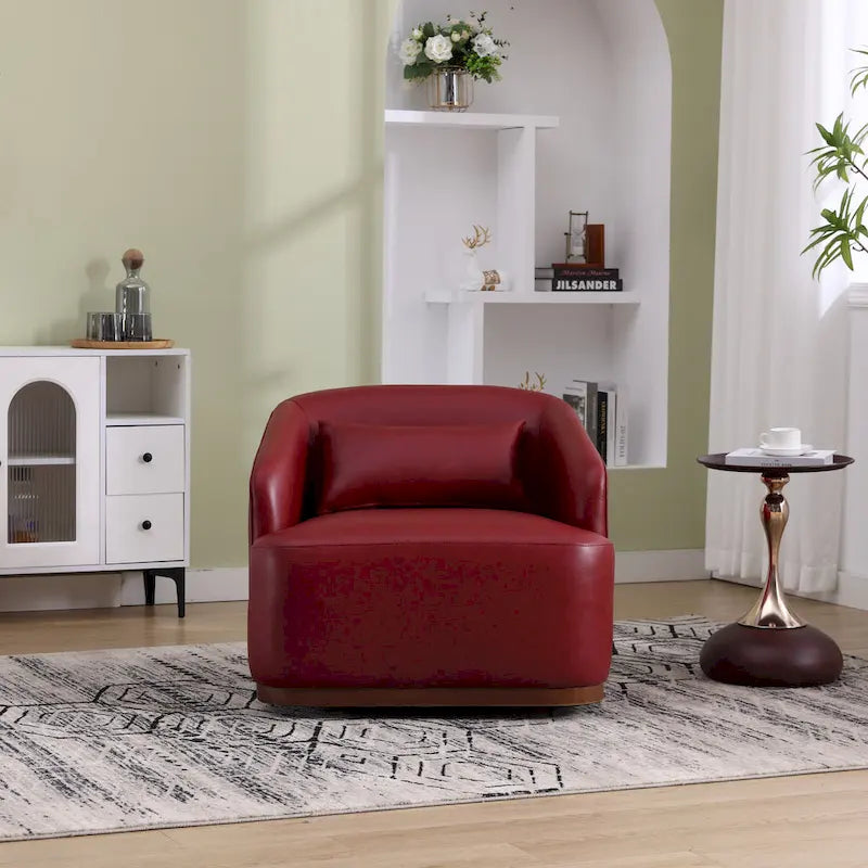 Un fauteuil de relaxation pivotant en tissu chenille, doté d'une assise confortable et d'une base robuste.