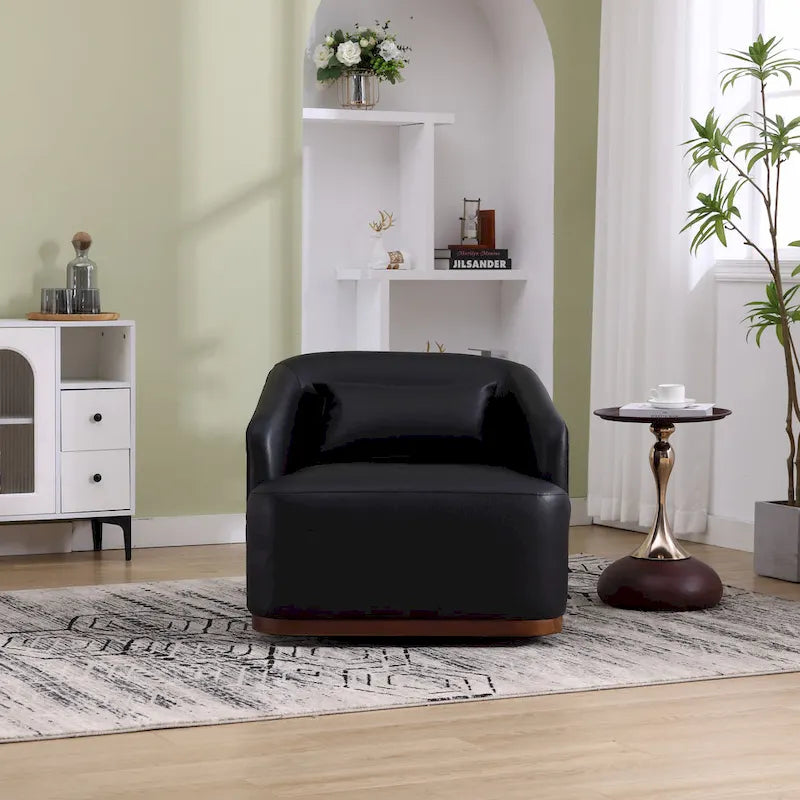 Un fauteuil de relaxation pivotant en tissu chenille, doté d'une assise confortable et d'une base robuste.
