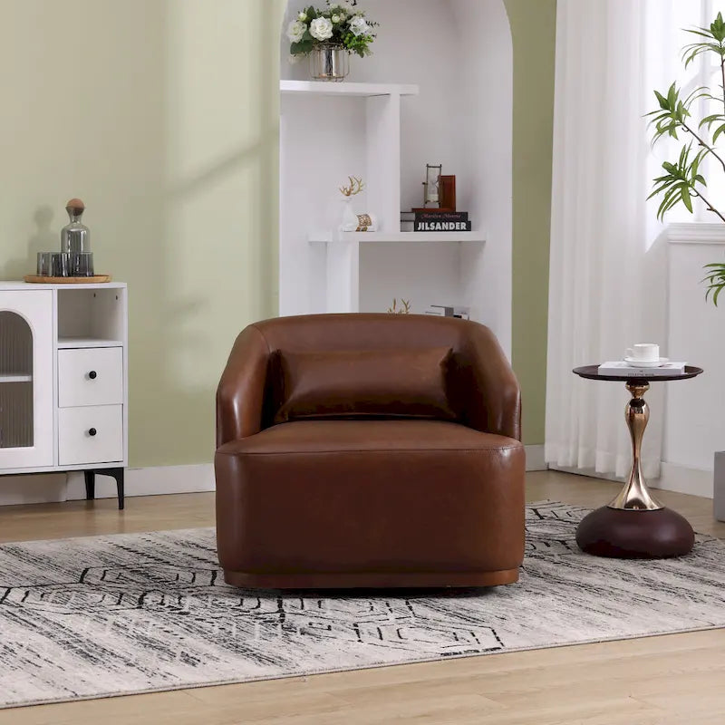 Un fauteuil de relaxation pivotant en tissu chenille, doté d'une assise confortable et d'une base robuste.