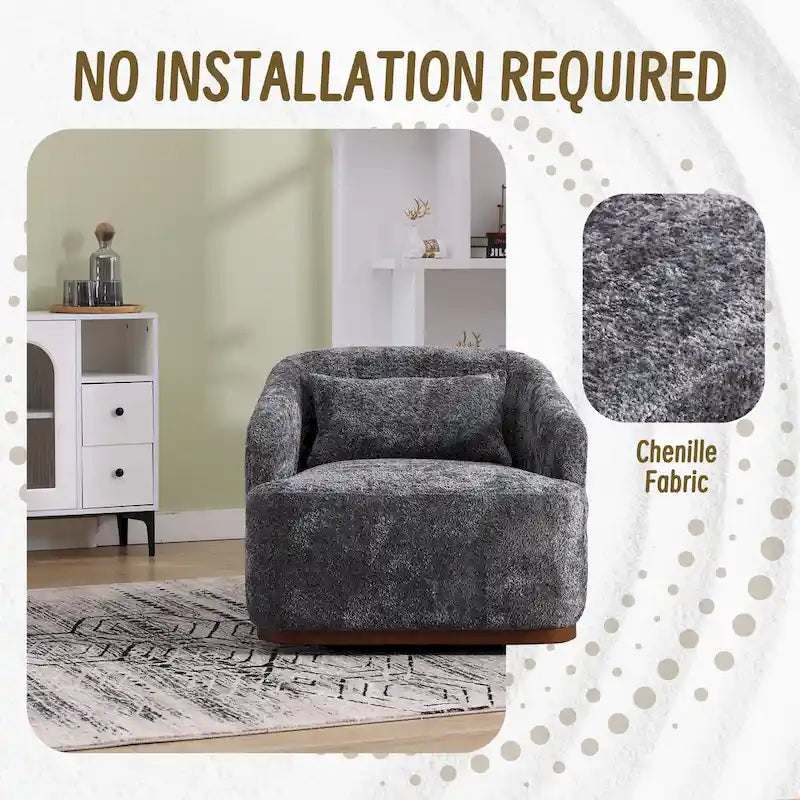 Un fauteuil de relaxation pivotant en tissu chenille, doté d'une assise confortable et d'une base robuste.