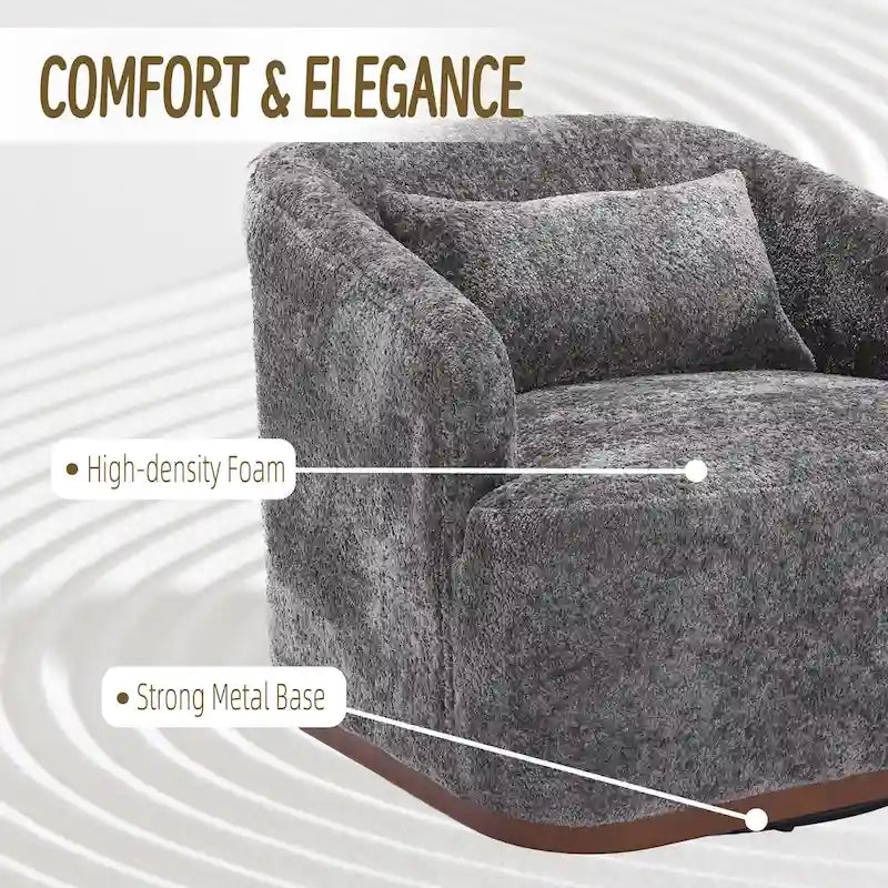 Un fauteuil de relaxation pivotant en tissu chenille, doté d'une assise confortable et d'une base robuste.