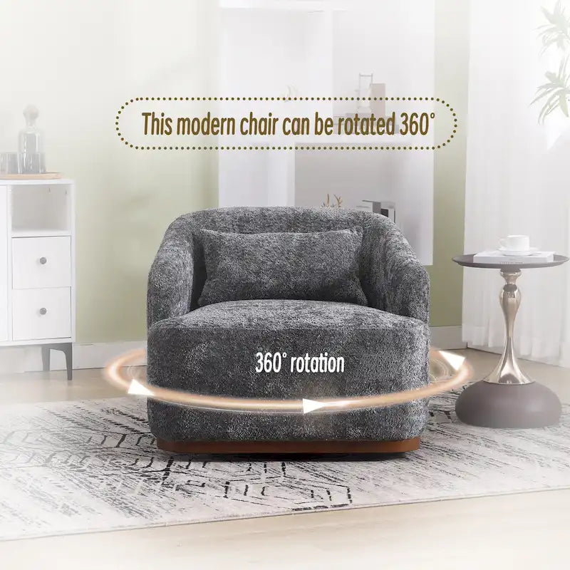 Un fauteuil de relaxation pivotant en tissu chenille, doté d'une assise confortable et d'une base robuste.