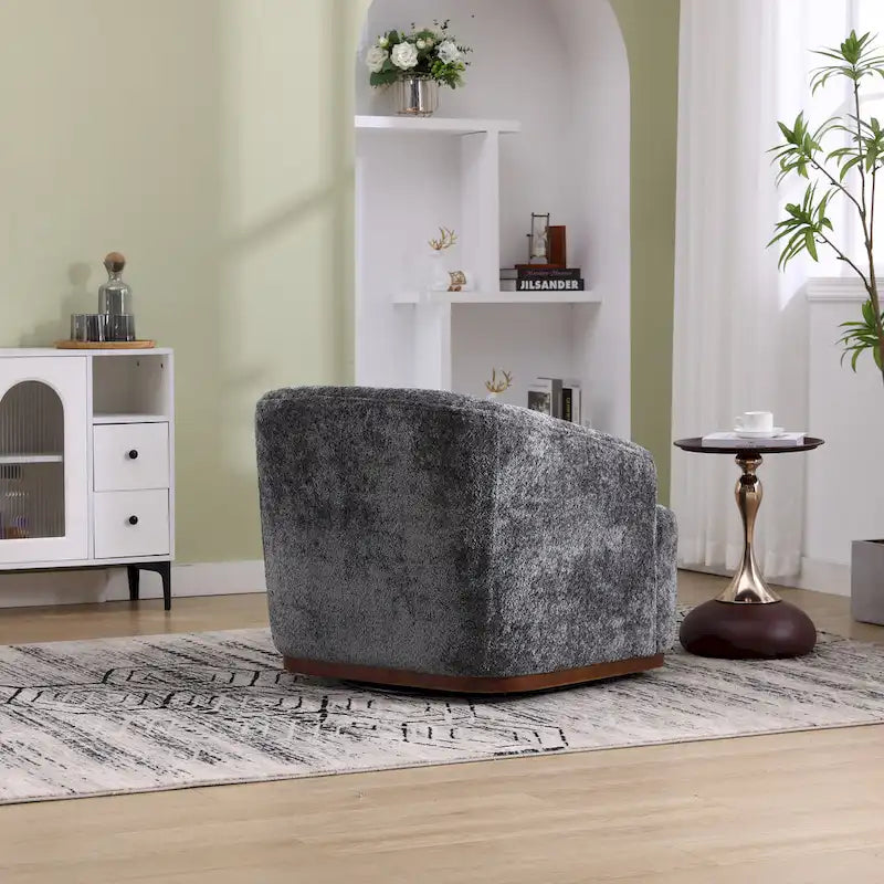 Un fauteuil de relaxation pivotant en tissu chenille, doté d'une assise confortable et d'une base robuste.