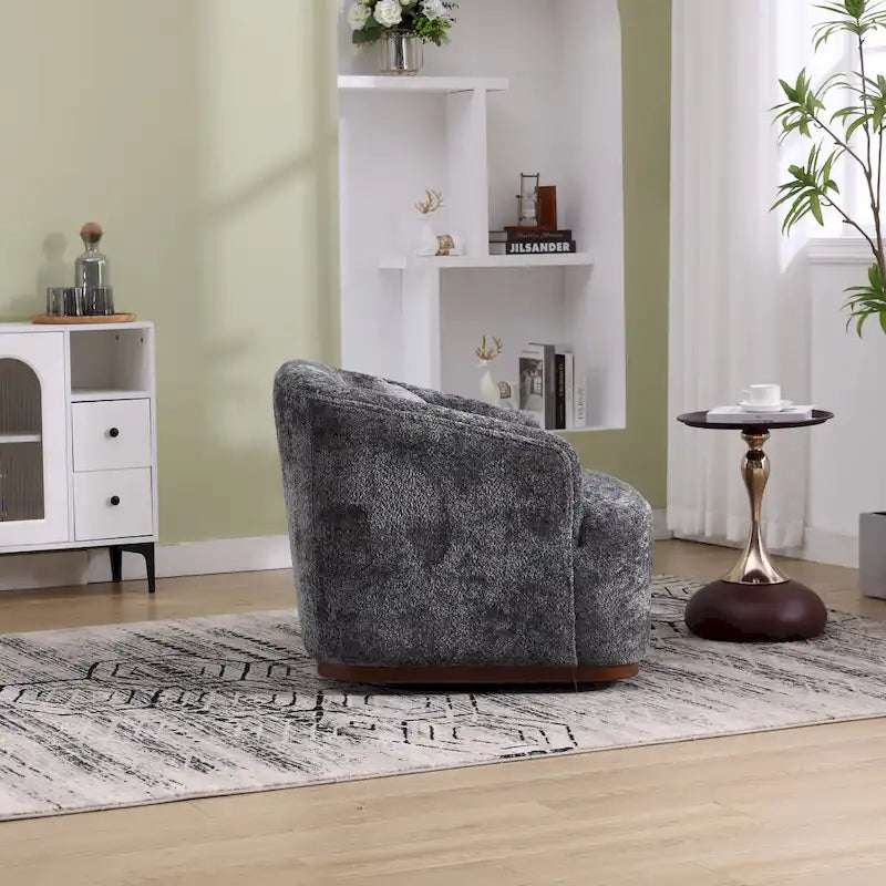 Un fauteuil de relaxation pivotant en tissu chenille, doté d'une assise confortable et d'une base robuste.