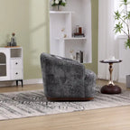 Un fauteuil de relaxation pivotant en tissu chenille, doté d'une assise confortable et d'une base robuste.