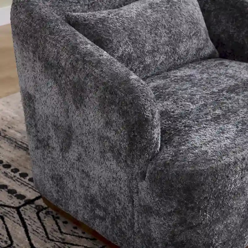Un fauteuil de relaxation pivotant en tissu chenille, doté d'une assise confortable et d'une base robuste.