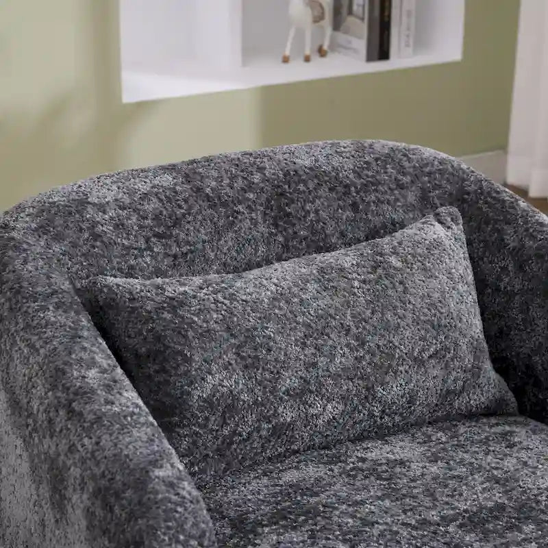 Un fauteuil de relaxation pivotant en tissu chenille, doté d'une assise confortable et d'une base robuste.
