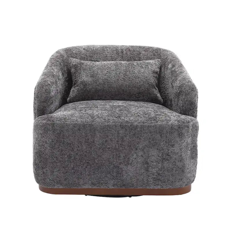 Un fauteuil de relaxation pivotant en tissu chenille, doté d'une assise confortable et d'une base robuste.