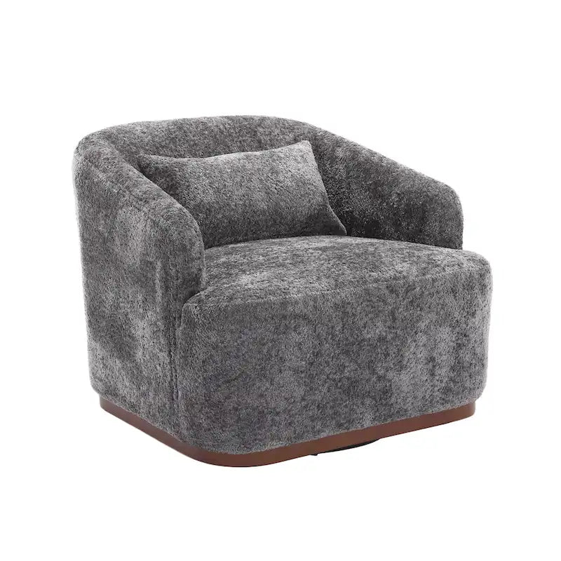 Un fauteuil de relaxation pivotant en tissu chenille, doté d'une assise confortable et d'une base robuste.