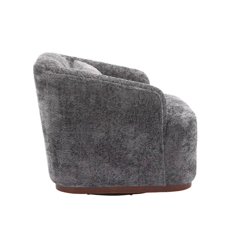 Un fauteuil de relaxation pivotant en tissu chenille, doté d'une assise confortable et d'une base robuste.