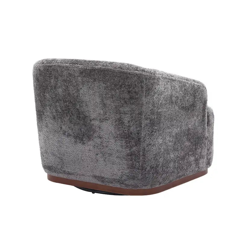 Un fauteuil de relaxation pivotant en tissu chenille, doté d'une assise confortable et d'une base robuste.