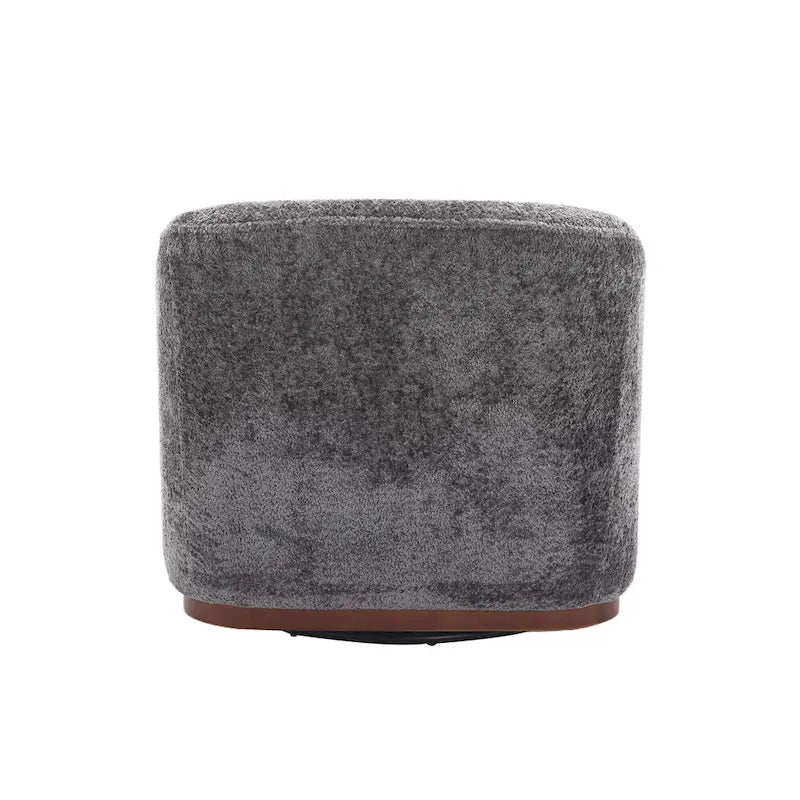 Un fauteuil de relaxation pivotant en tissu chenille, doté d'une assise confortable et d'une base robuste.