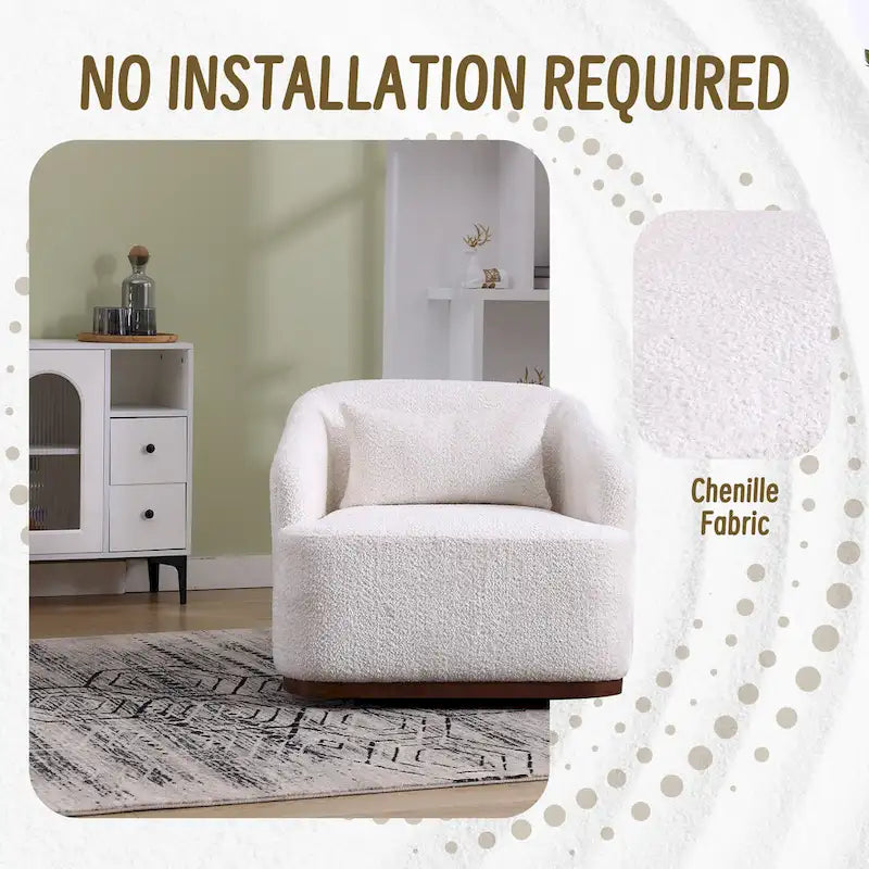 Un fauteuil de relaxation pivotant en tissu chenille, doté d'une assise confortable et d'une base robuste.