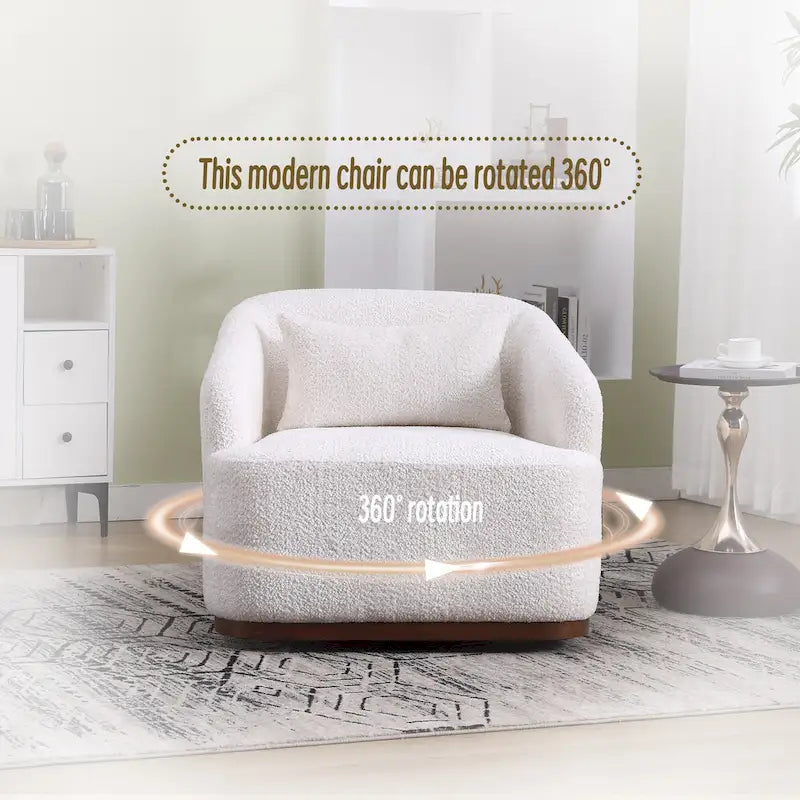 Un fauteuil de relaxation pivotant en tissu chenille, doté d'une assise confortable et d'une base robuste.