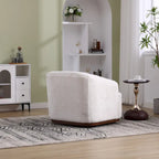 Un fauteuil de relaxation pivotant en tissu chenille, doté d'une assise confortable et d'une base robuste.