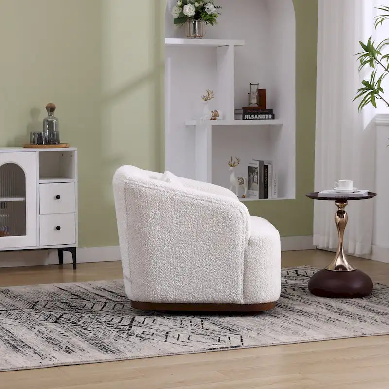 Un fauteuil de relaxation pivotant en tissu chenille, doté d'une assise confortable et d'une base robuste.