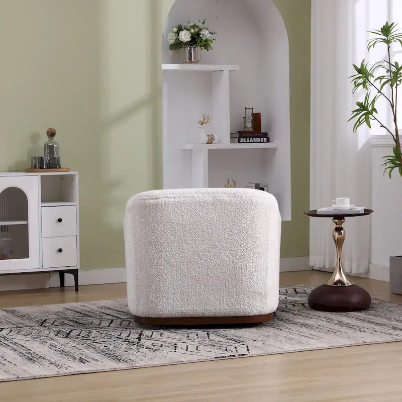 Un fauteuil de relaxation pivotant en tissu chenille, doté d'une assise confortable et d'une base robuste.