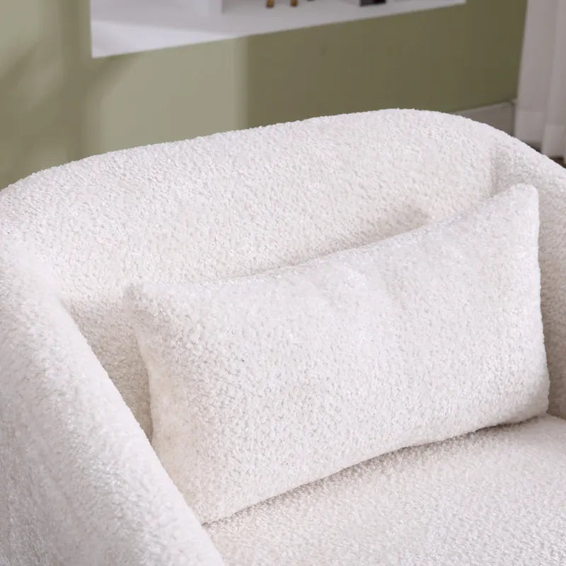 Un fauteuil de relaxation pivotant en tissu chenille, doté d'une assise confortable et d'une base robuste.