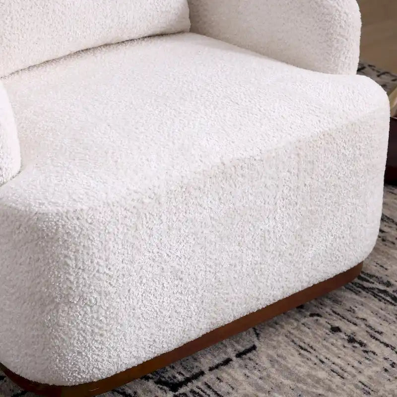 Un fauteuil de relaxation pivotant en tissu chenille, doté d'une assise confortable et d'une base robuste.