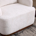 Un fauteuil de relaxation pivotant en tissu chenille, doté d'une assise confortable et d'une base robuste.