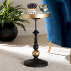 Table d'appoint ronde au charme contemporain - Table d'appoint métallique noire et dorée avec plateau amovible, convenant aux environnements intérieurs ou semi-extérieurs.