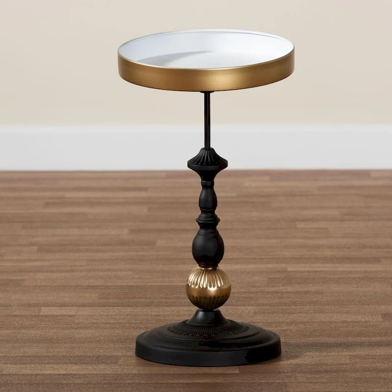 Table d'appoint ronde au charme contemporain - Table d'appoint métallique noire et dorée avec plateau amovible, convenant aux environnements intérieurs ou semi-extérieurs.
