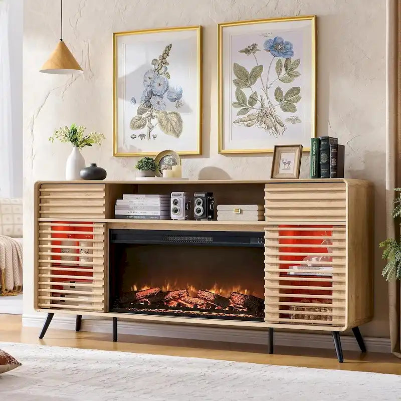 Meuble TV avec foyer intégré de style moderne du milieu du siècle, centre de divertissement