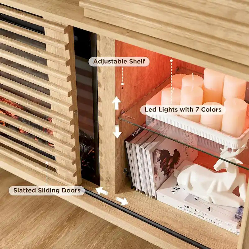 Meuble TV avec foyer intégré de style moderne du milieu du siècle, centre de divertissement