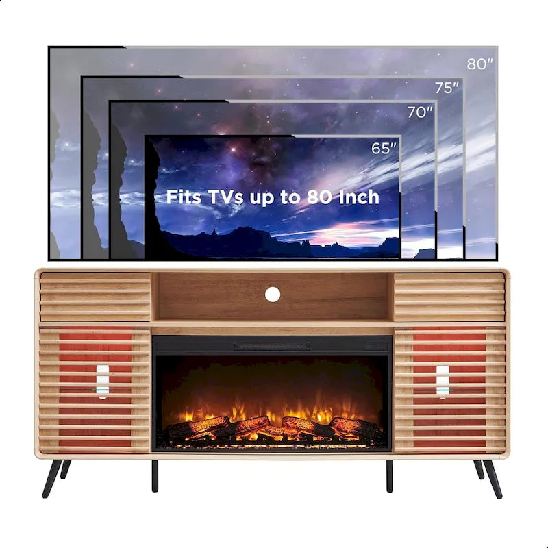 Meuble TV avec foyer intégré de style moderne du milieu du siècle, centre de divertissement