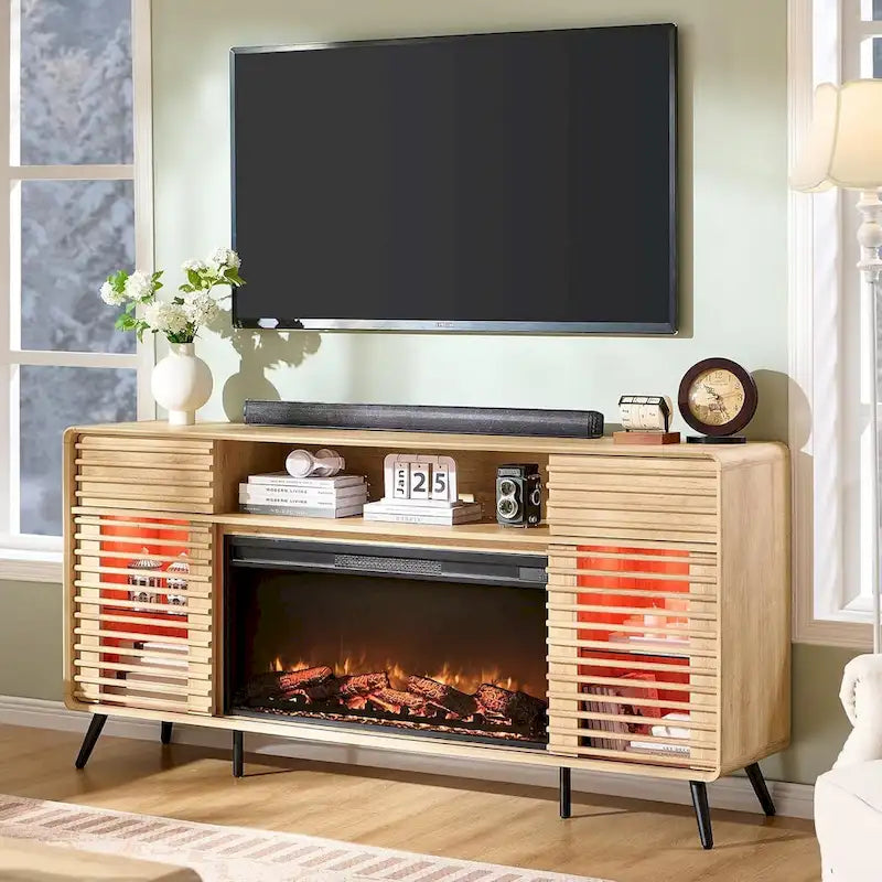 Meuble TV avec foyer intégré de style moderne du milieu du siècle, centre de divertissement