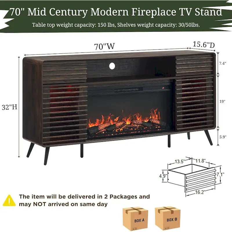 Meuble TV avec foyer intégré de style moderne du milieu du siècle, centre de divertissement