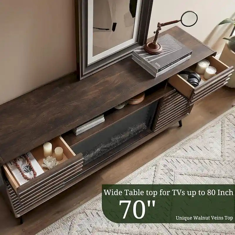 Meuble TV avec foyer intégré de style moderne du milieu du siècle, centre de divertissement