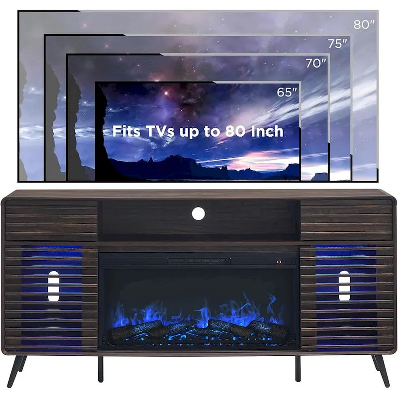 Meuble TV avec foyer intégré de style moderne du milieu du siècle, centre de divertissement