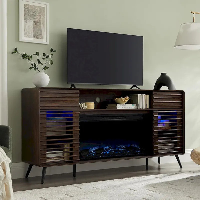 Meuble TV avec foyer intégré de style moderne du milieu du siècle, centre de divertissement