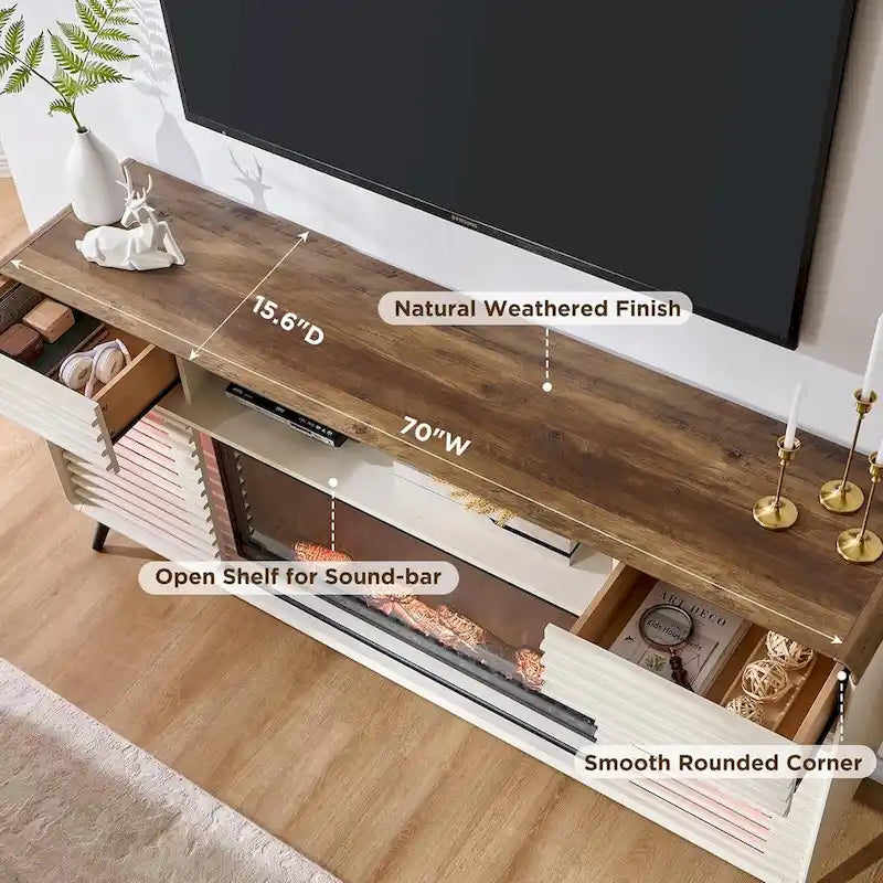 Meuble TV avec foyer intégré de style moderne du milieu du siècle, centre de divertissement