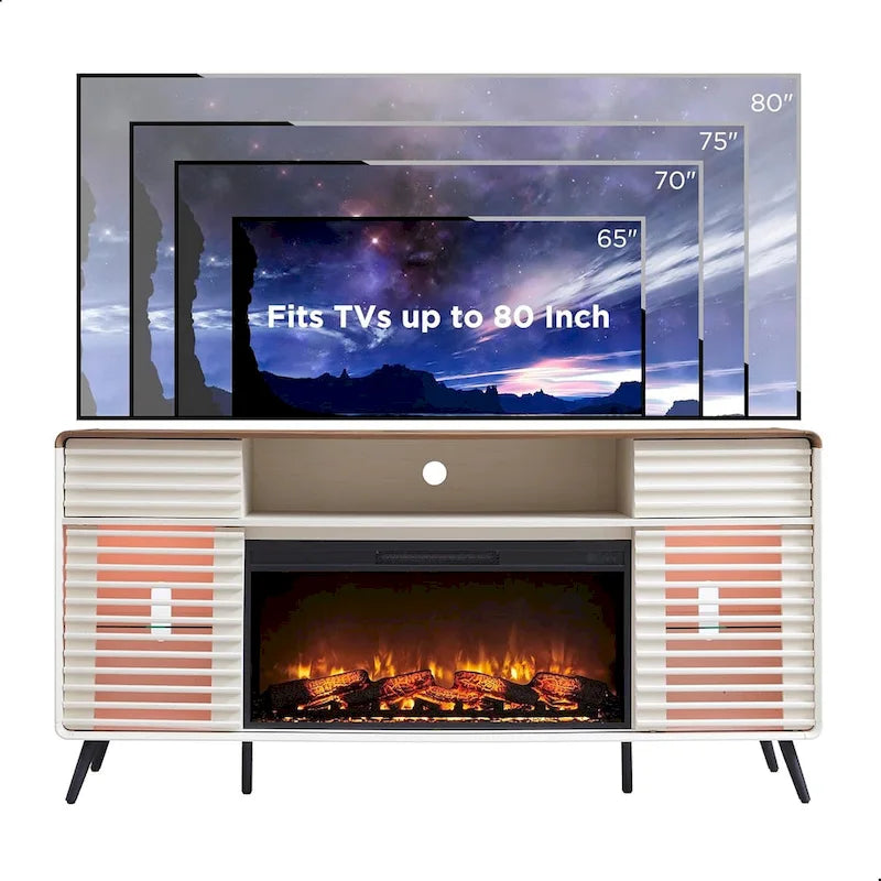 Meuble TV avec foyer intégré de style moderne du milieu du siècle, centre de divertissement