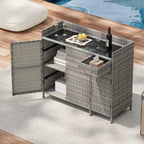 Armoire de rangement extérieure en osier, îlot de cuisine résistant aux intempéries, table de bar en rotin avec plateau en verre trempé et tiroir pour jouets de piscine