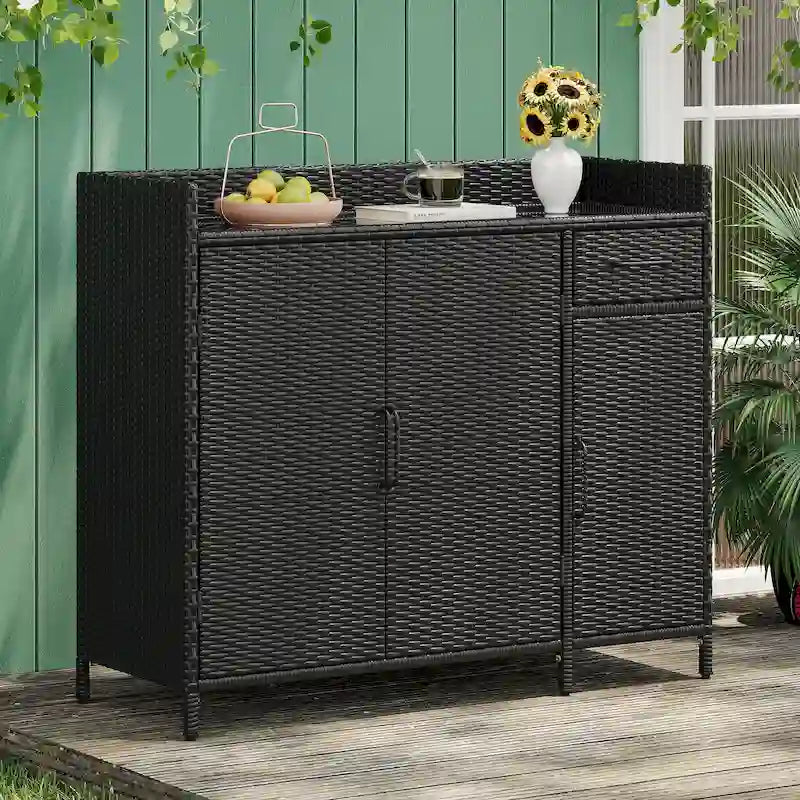 Armoire de rangement extérieure en osier, îlot de cuisine résistant aux intempéries, table de bar en rotin avec plateau en verre trempé et tiroir pour jouets de piscine