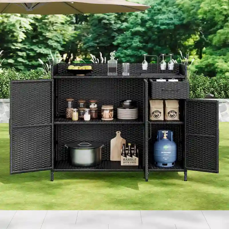 Armoire de rangement extérieure en osier, îlot de cuisine résistant aux intempéries, table de bar en rotin avec plateau en verre trempé et tiroir pour jouets de piscine