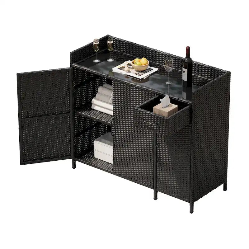 Armoire de rangement extérieure en osier, îlot de cuisine résistant aux intempéries, table de bar en rotin avec plateau en verre trempé et tiroir pour jouets de piscine