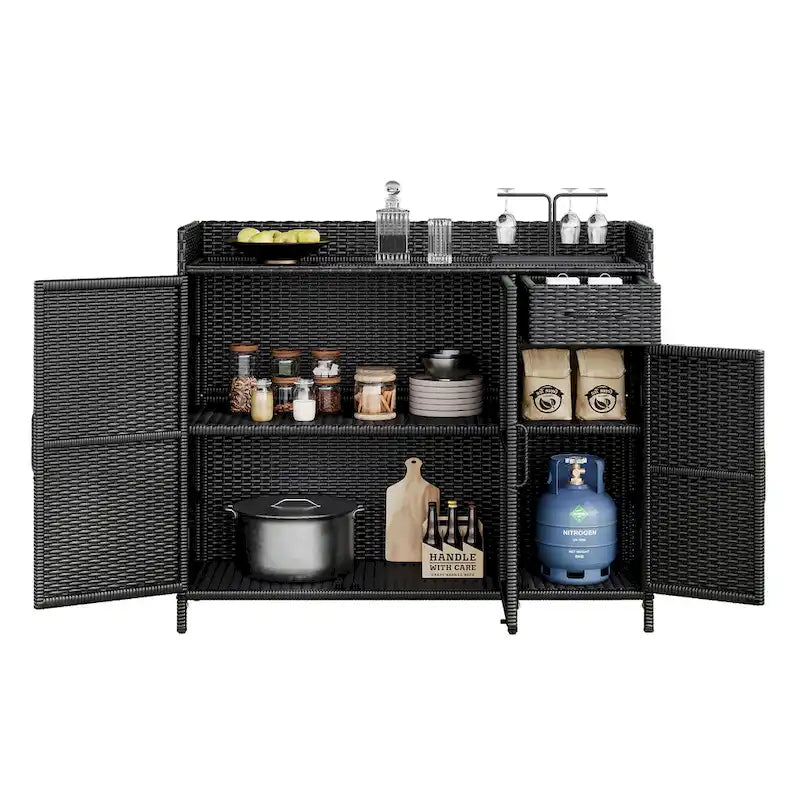 Armoire de rangement extérieure en osier, îlot de cuisine résistant aux intempéries, table de bar en rotin avec plateau en verre trempé et tiroir pour jouets de piscine