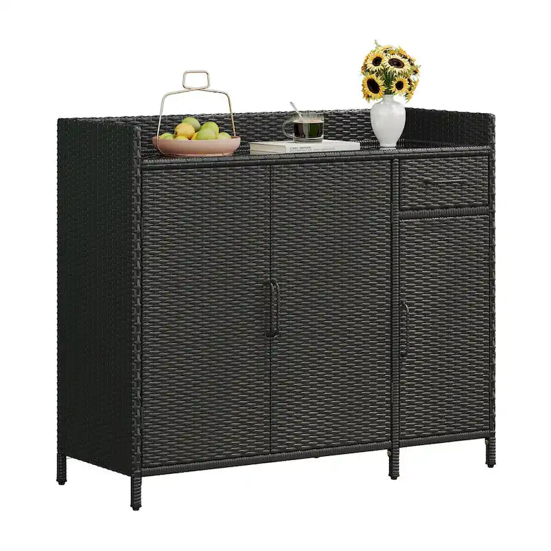 Armoire de rangement extérieure en osier, îlot de cuisine résistant aux intempéries, table de bar en rotin avec plateau en verre trempé et tiroir pour jouets de piscine
