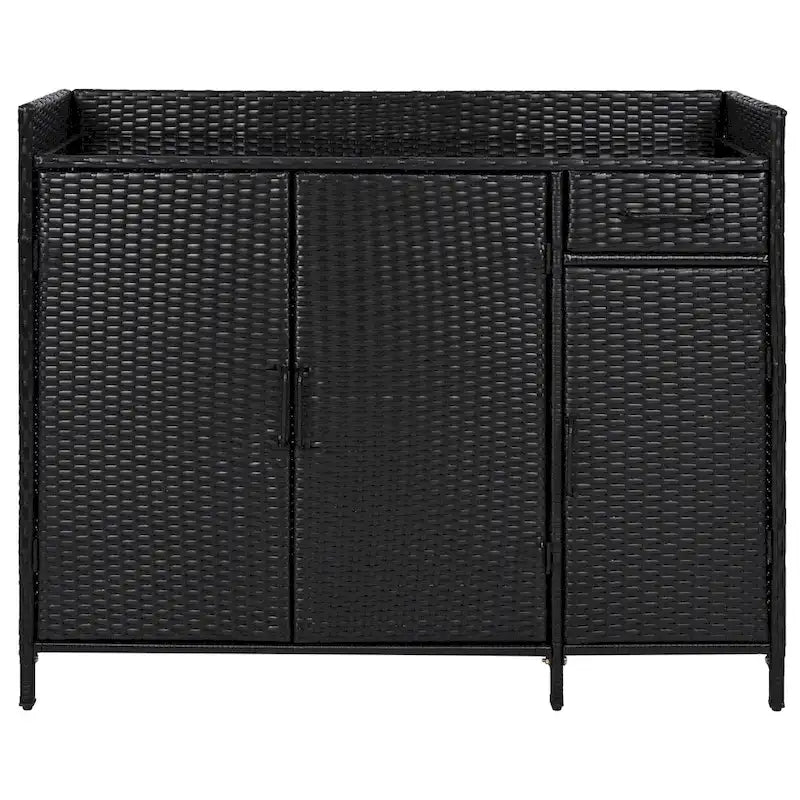 Armoire de rangement extérieure en osier, îlot de cuisine résistant aux intempéries, table de bar en rotin avec plateau en verre trempé et tiroir pour jouets de piscine